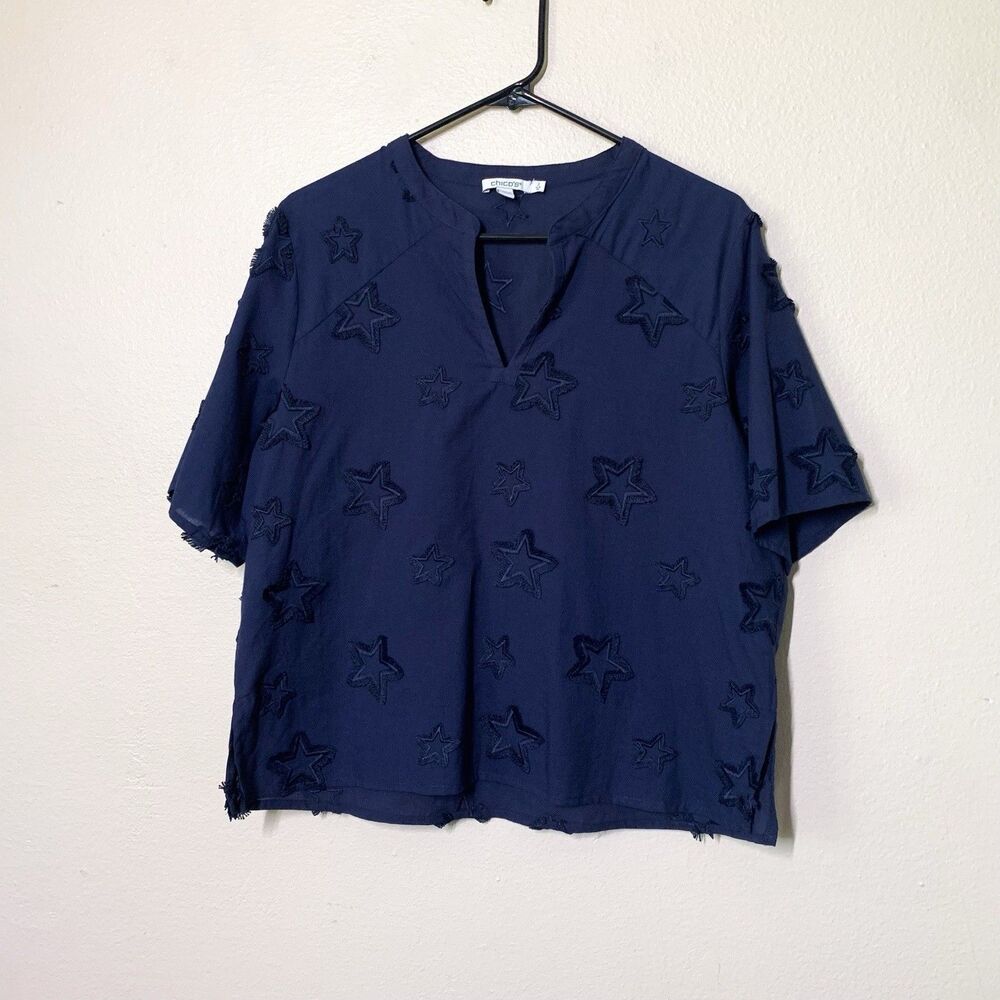 Chico's Navy Blue Blouse 2 = US 12/14 Embroidered Star Split Neck Cotton
